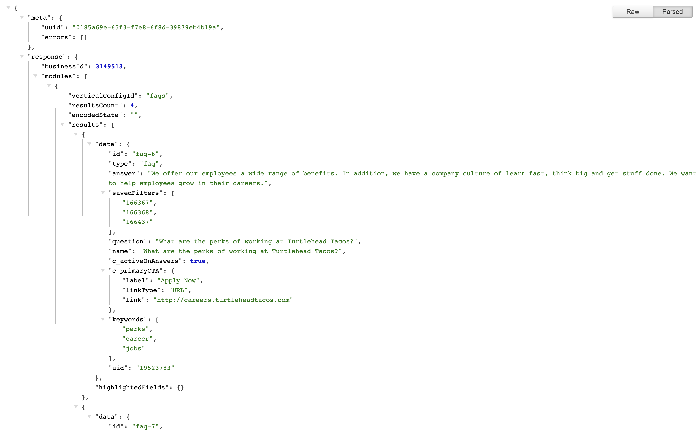 JSON restults in the browser API Response