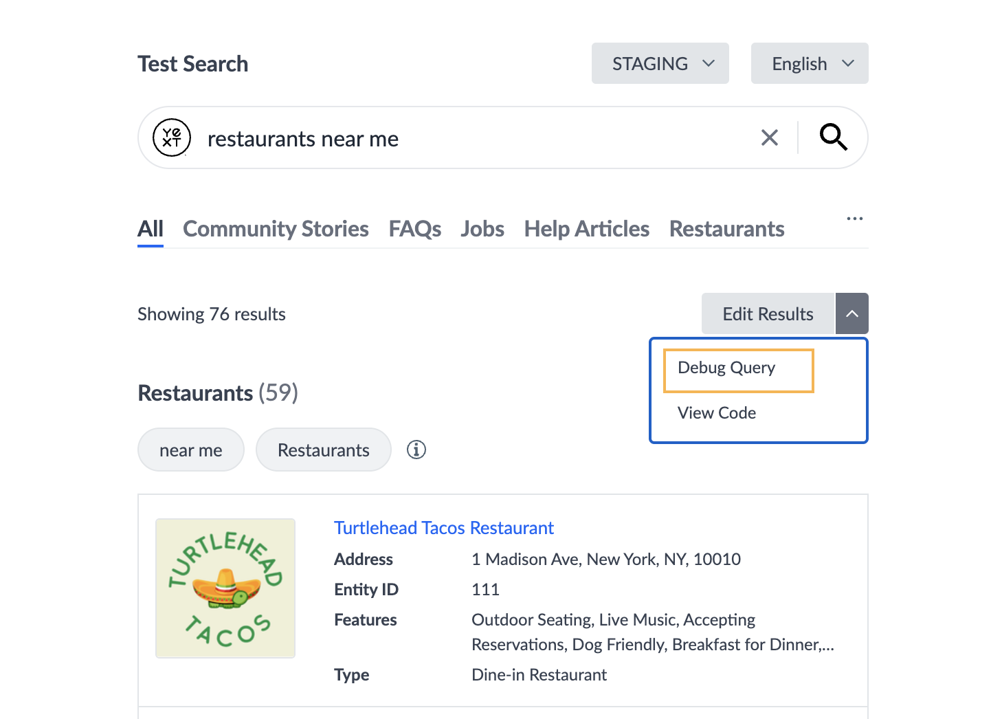 Debug Query option in Test Search